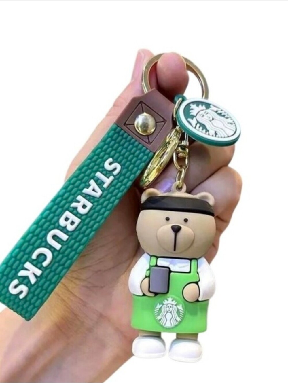Starbucks Green Bear Keyring with Teal Strap and Gold Hardware